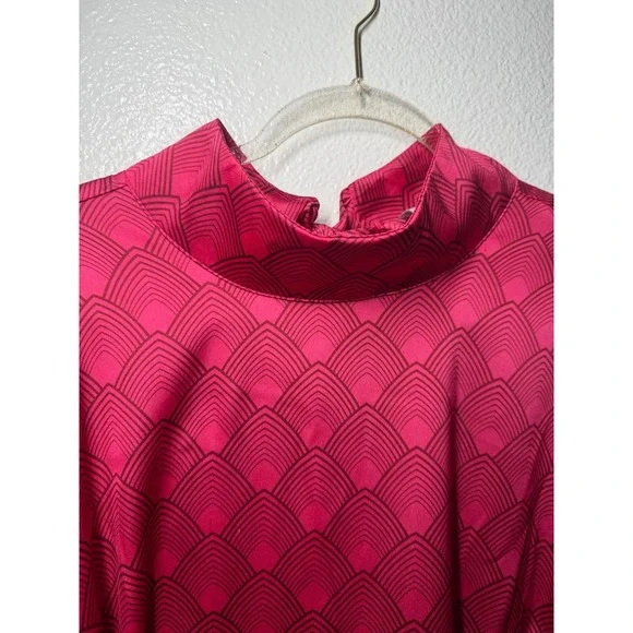 Worthington Pink Art Deco Geometric Bow Tie Blouse Mock Neck Satin Top 2X - Picture 4 of 9